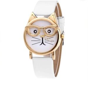 Gold Cat Face Watch with White Strap New